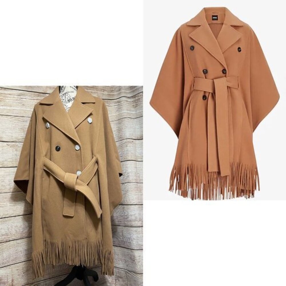 Express Women's Butterscotch Brown Fringe Hem Poncho Jacket‎ with Belted…